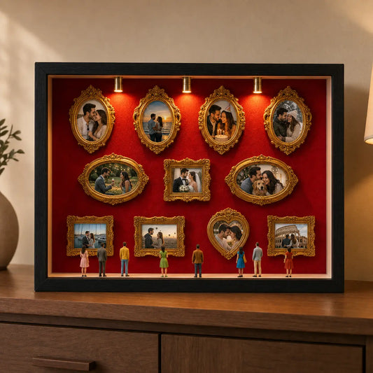 Finished Museum of Us display with personal photos, miniature gold frames, figurines and warm gallery lights