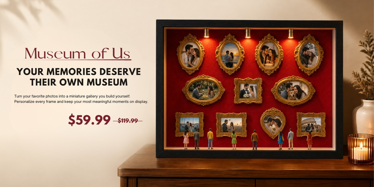 Museum of Us DIY mini museum photo display with gold frames, warm lights, and personalized photos