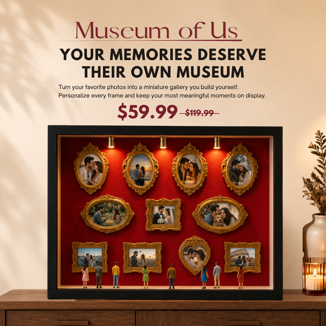 Museum of Us DIY mini museum with personalized photos, gold frames, and warm lights
