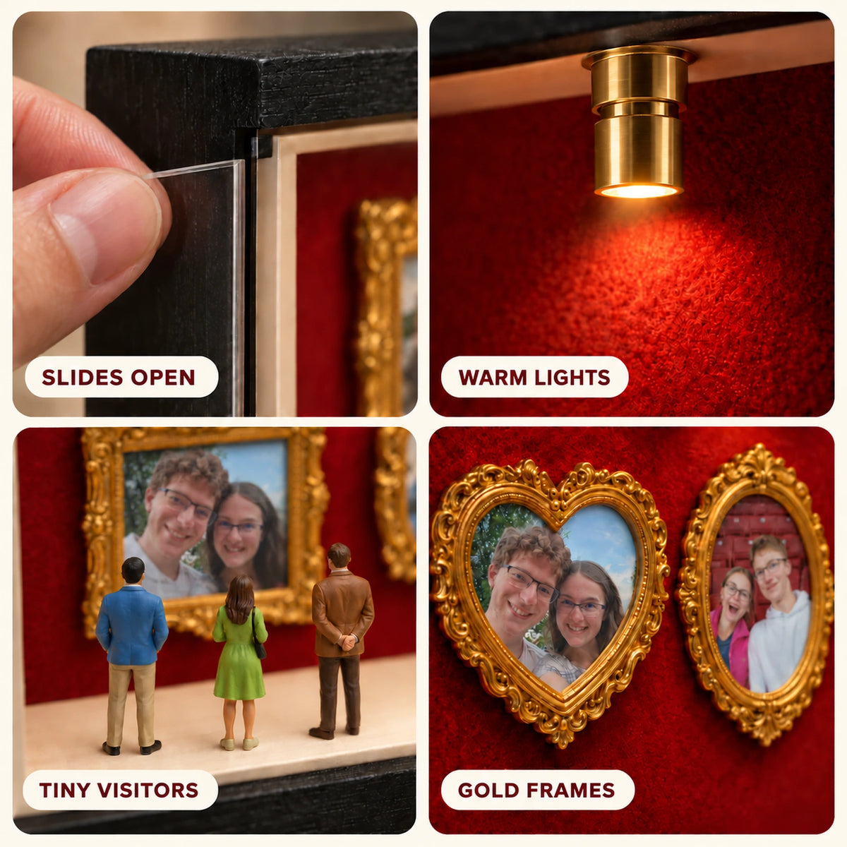 Close-up of the Museum of Us gold heart frame, a warm spotlight and the sliding clear front panel