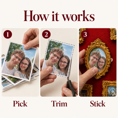Three steps to fill Museum of Us: print your photos, trim them to size, stick them into the gold frames