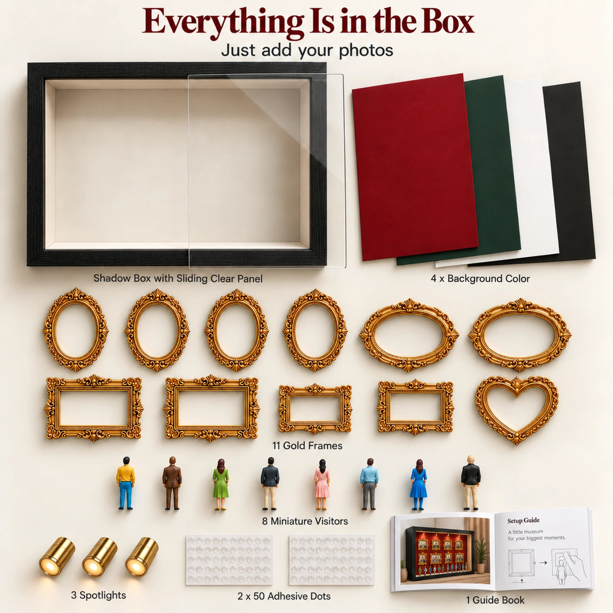 Everything in the Museum of Us kit laid out: shadow box, 11 gold frames, 8 figures, 3 lights, 4 backdrops