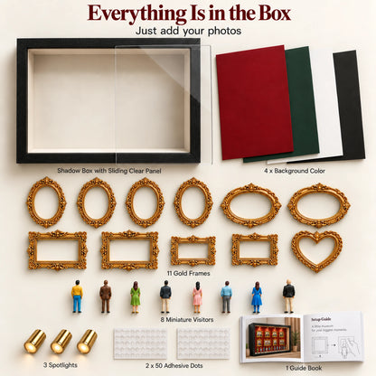 Everything in the Museum of Us kit laid out: shadow box, 11 gold frames, 8 figures, 3 lights, 4 backdrops