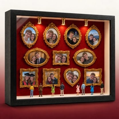Museum of Us shadow box with 11 gold frames of a couple's photos, lit by three warm spotlights on red felt