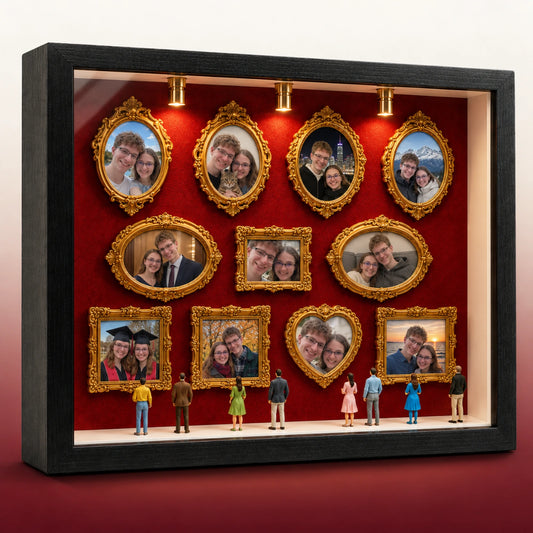 Museum of Us shadow box with 11 gold frames of a couple's photos, lit by three warm spotlights on red felt