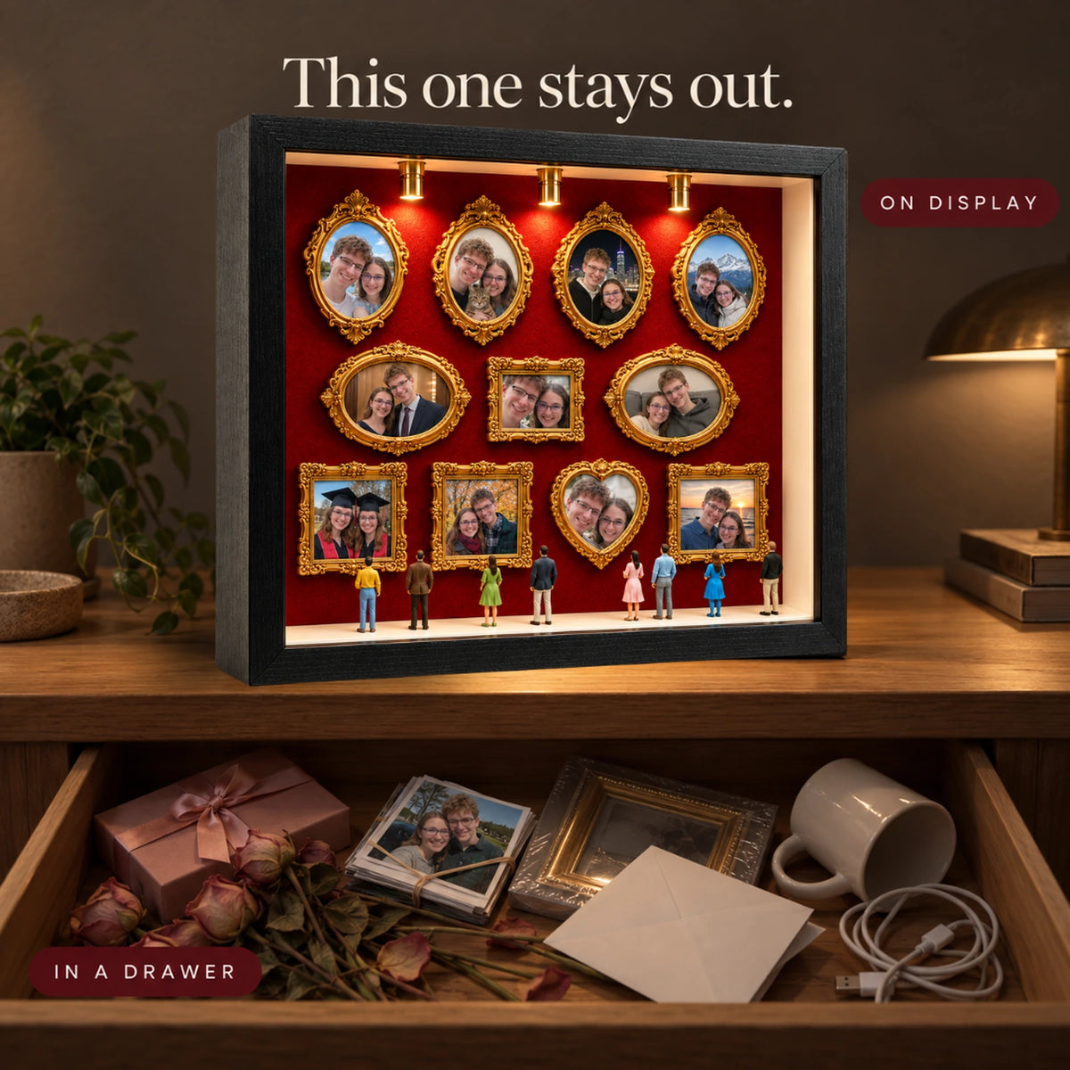 Museum of Us on display on a console while roses, a candle and a card sit forgotten in the drawer below