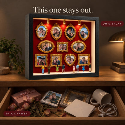 Museum of Us on display on a console while roses, a candle and a card sit forgotten in the drawer below